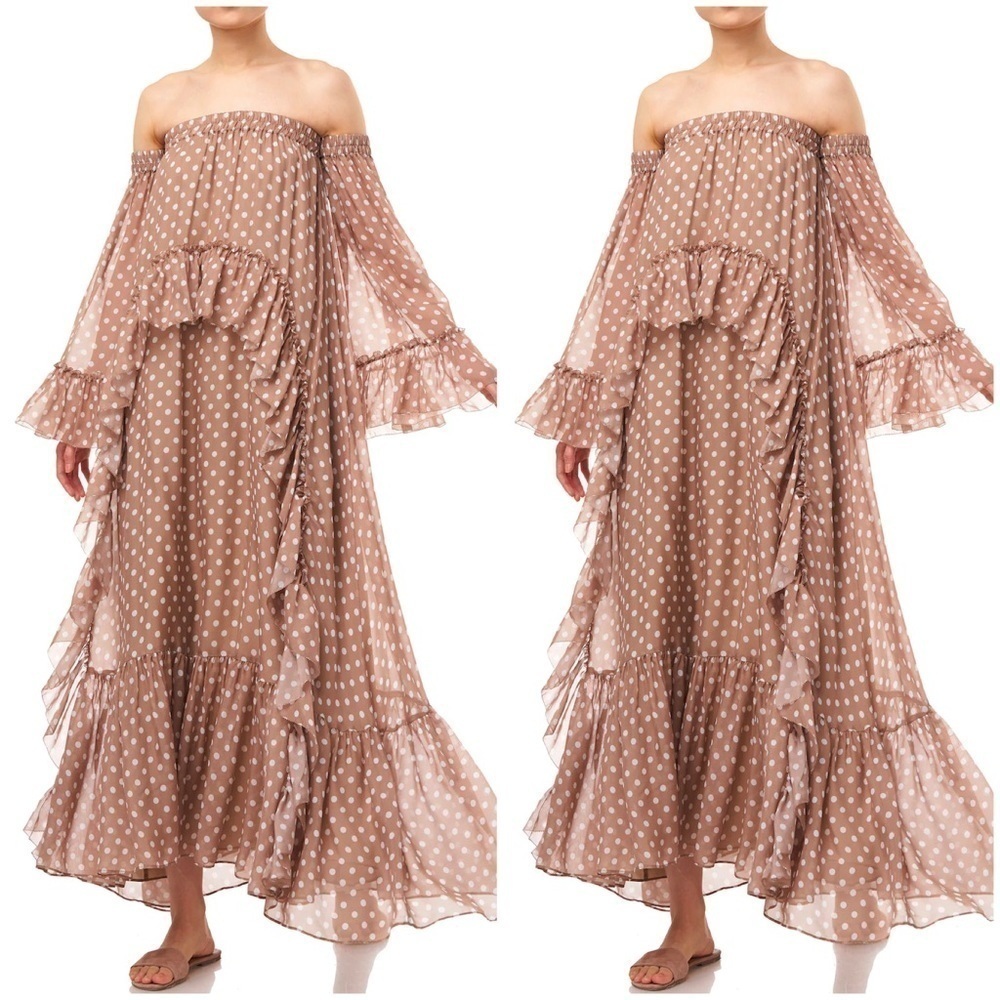 AMUR Odessa Off the Shoulder Polka Dot Silk Maxi Dress